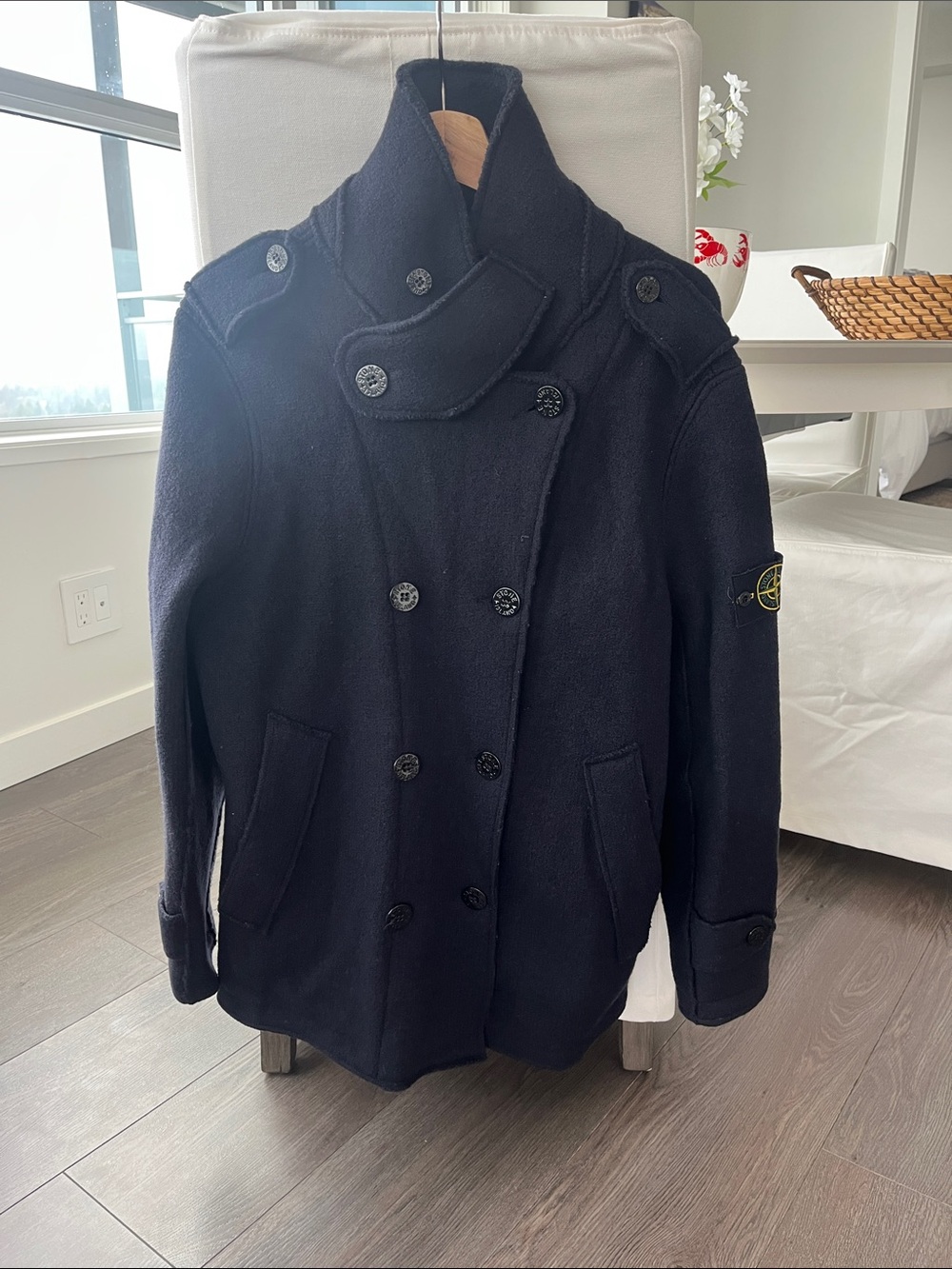 Stone Island Double-Breasted Peacoat in Navy Blue